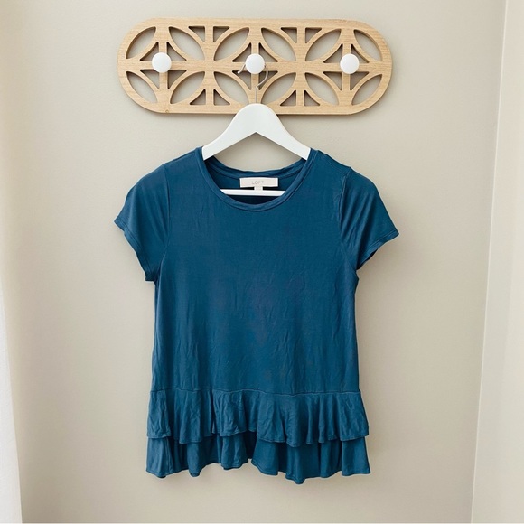 LOFT Ruffle Hem Tee Shirt Blue Sz Small - Picture 1 of 9